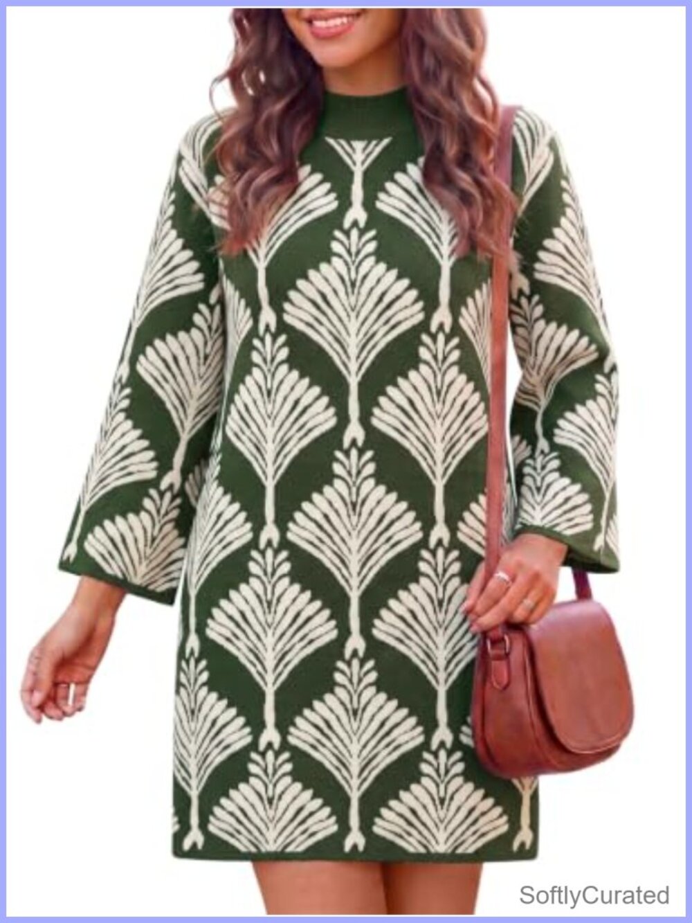 Womens Knit Sweater Dress Mock Neck Bell Sleeve Floral Print Mini Dress